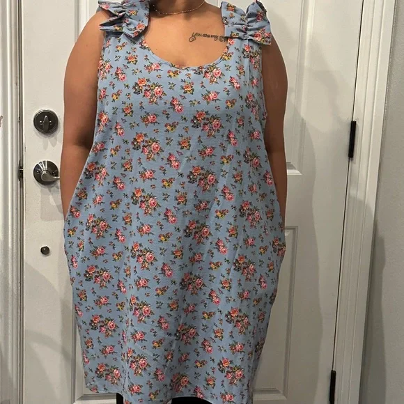Floral Pink and Blue Bow Strap Mini Dress - Picture 2 of 2